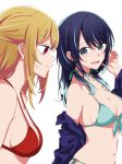  2girls aqua_ribbon bare_shoulders bikini blonde_hair blue_bikini blue_eyes blue_hair blue_jacket breast_envy breasts cleavage closed_mouth commentary_request front-tie_bikini_top front-tie_top gradient_hair hair_between_eyes hair_ribbon halterneck highres hoshino_ruby jacket kurokawa_akane kusana_(kusana47454281) light_blue_hair long_hair looking_at_viewer low_twintails medium_breasts multicolored_hair multiple_girls navel open_clothes open_jacket open_mouth oshi_no_ko purple_eyes red_bikini ribbon sideboob sidelocks simple_background stomach sweatdrop swimsuit twintails upper_body white_background 