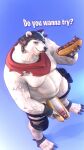  2023 3d_(artwork) 4k 9:16 absurd_res anthro armor bandanna bear digital_media_(artwork) dollymolly323 double_entendre english_text epic_games erection eye_patch eyewear food food_fetish food_play fortnite full-length_portrait fur genitals headgear hi_res high-angle_view holding_food holding_object hot_dog kerchief looking_at_viewer looking_up_at_viewer male mammal musclegut penis polar_bear polar_patroller portrait pose presenting presenting_penis solo suggestive suggestive_food text ursine watermark white_body white_fur 