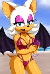  2021 anthro bat beach bikini blue_eyes breasts cleavage clothed clothing cloud day eyeshadow female fingers fur half-closed_eyes hi_res holding_object holding_phone lipstick looking_at_viewer makeup mammal membrane_(anatomy) membranous_wings mrdeepay narrowed_eyes open_mouth open_smile phone rouge_the_bat seaside sega signature simple_background smile solo sonic_the_hedgehog_(series) swimwear tan_body tan_skin water white_body white_fur wings 