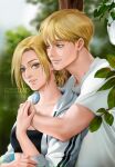  1boy 1girl absurdres annie_leonhardt armin_arlert blonde_hair blue_eyes breasts highres hug hug_from_behind jyundee leaf long_hair long_sleeves looking_at_another medium_breasts parted_lips realistic shingeki_no_kyojin shirt short_hair short_sleeves smile t-shirt white_shirt 