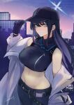  1girl adjusting_clothes adjusting_headwear baseball_cap belt black_belt black_gloves black_headwear black_pants black_shirt blue_archive blue_eyes blush breasts closed_mouth coat crop_top gloves groin halo hand_up hat highres kojima_(blue_stardust) long_hair looking_at_viewer medium_breasts midriff navel off_shoulder open_clothes open_coat pants saori_(blue_archive) shirt sidelocks signature sleeveless sleeveless_shirt standing upper_body white_coat zipper 