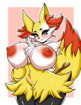  2023 anthro areola bedroom_eyes big_breasts black_body black_eyebrows black_eyelashes black_fur black_nose black_pupils blush braixen breast_tuft breasts cheek_tuft chest_tuft digital_media_(artwork) dipstick_tail eyebrows eyelashes facial_tuft female fluffy fluffy_tail front_view fur generation_6_pokemon hands_behind_back head_tuft hi_res huge_breasts inner_ear_fluff looking_at_viewer markings multicolored_body multicolored_fur multicolored_tail narrowed_eyes navel neck_tuft nintendo nipples nude outline pixi_mikuxxx pokemon pokemon_(species) pokemorph pupils raised_tail red_areola red_body red_eyes red_fur red_inner_ear_fluff red_nipples red_tail seductive smile solo standing stick tail tail_markings thick_thighs tuft white_body white_fur white_outline wide_hips yellow_body yellow_ears yellow_fur yellow_tail 