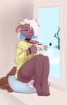  anthro bovid caprine clothing coffee_mug drafthoof hi_res legwear male mammal masturbation masturbation_through_clothing pantyhose sheep solo stealth_masturbation sweater topwear 