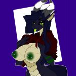  1:1 anthro big_breasts breasts clothing digital_media_(artwork) dragon female hair looking_at_viewer nipples nude rena_the_dragon simple_background solo tail tongue unknown_artist 