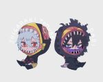  2boys ametaro_(ixxxzu) black_hair blue_eyes blue_hair boku_no_hero_academia burn_scar character_name cheek_piercing chibi cosplay dabi_(boku_no_hero_academia) full_body highres male_focus multiple_boys multiple_scars noumu_(boku_no_hero_academia) red_eyes scar scar_on_face shigaraki_tomura short_hair simple_background spiked_hair staple stapled white_background wrinkled_skin 