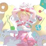  1girl arms_up blonde_hair candy choker colored_eyelashes cure_peach doughnut earrings ffgghhjj food fresh_precure! frilled_sleeves frills hair_ornament hands_up heart heart_earrings holding holding_wand jewelry lollipop long_hair momozono_love pink_eyes precure puffy_sleeves red_choker ribbon smile stuffed_animal stuffed_rabbit stuffed_toy twintails wand 
