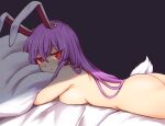  1girl blush cachemerro expressionless glowing glowing_eyes long_hair looking_at_viewer lying nude on_bed purple_hair rabbit_girl rabbit_tail red_eyes reisen_udongein_inaba solo tail touhou 