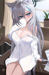  1girl 82jhin absurdres afterimage ahoge animal_ear_fluff animal_ears arm_support blue_archive blush breasts cleavage collarbone feet_out_of_frame halo highres indoors large_breasts long_hair looking_at_viewer mismatched_pupils naked_shirt paper shiroko_(blue_archive) shiroko_terror_(blue_archive) shirt sitting solo straight_hair tablet_pc very_long_hair wolf_ears 