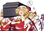  5girls :d ascot blonde_hair blush_stickers book closed_eyes coffin commentary_request crescent crescent_hat_ornament crystal dancing_pallbearers_(meme) fang flandre_scarlet flat_chest four_of_a_kind_(touhou) frilled_shirt_collar frills hair_between_eyes happy hat hat_ornament highres holding holding_book meme mob_cap multiple_girls musical_note one_side_up open_mouth pakimoti patchouli_knowledge puffy_short_sleeves puffy_sleeves red_eyes red_skirt red_vest shadow short_sleeves simple_background skin_fang skirt skirt_set slit smile smug spoken_zzz striped touhou v-shaped_eyebrows vertical_stripes vest white_background wings yellow_ascot zzz 
