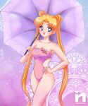  1girl bishoujo_senshi_sailor_moon blonde_hair blue_eyes breasts cleavage double_bun earrings hair_bun hand_on_own_hip jewelry leotard long_hair medium_breasts one-piece_swimsuit parted_bangs pink_one-piece_swimsuit saotome_nanda smile solo stud_earrings swimsuit tsukino_usagi twintails umbrella very_long_hair 