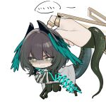  ... 1girl 1other arknights black_footwear black_hair black_pantyhose black_wings blue_wings chibi commentary_request eyebrows_hidden_by_hair feathered_wings green_eyes hair_between_eyes head_wings ho&#039;olheyak_(arknights) joshua_(shisanli934) kirsten_(arknights) mini_person minigirl out_of_frame pantyhose shoes simple_background spoken_ellipsis tail thick_eyebrows third-party_source white_background wings 