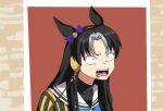  1girl angry animal_ears black_hair bow brick_wall commentary constricted_pupils ear_bow fukuro_(maruaru00) furrowed_brow genderswap genderswap_(mtf) grey_hair hair_intakes headgear highres horse_ears horse_girl multicolored_hair open_mouth original personification photo-referenced purple_bow real_life reins sailor_collar sanpaku sidelocks solo stay_gold_(racehorse) teeth two-tone_hair umamusume upper_body upper_teeth_only white_sailor_collar 