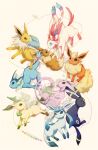  :&lt; :3 blue_eyes brown_eyes closed_mouth commentary_request eevee espeon flareon forehead_jewel glaceon green_eyes grey_background jolteon kotori_(lycka) leafeon looking_at_another looking_to_the_side no_humans open_mouth pokemon pokemon_(creature) purple_eyes rainbow_order red_eyes simple_background smile sylveon umbreon vaporeon white_background 