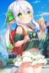  1girl backpack bag blue_sky blush breasts closed_mouth clothes_writing cloud cross-shaped_pupils day eating food genshin_impact gradient_hair green_eyes green_hair green_shirt green_skirt grey_hair hair_between_eyes hair_ornament highres holding holding_food leaf_hair_ornament long_hair looking_at_viewer multicolored_hair nahida_(genshin_impact) navel outdoors pointy_ears randoseru shirt side_ponytail sironora skirt sky small_breasts solo symbol-shaped_pupils white_footwear 