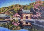  architecture building east_asian_architecture highres lake no_humans norako_pastel original painting_(medium) reflection reflective_water scenery signature sunlight traditional_media water watercolor_(medium) 