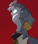 anthro balls blush bodily_fluids bottomwear bulge canid canine canis clothing genital_fluids genitals hi_res humanoid league_of_legends looking_at_viewer male mammal muscular muscular_male nipples pants pecs precum riot_games scar smile solo tight_pants_(meme) warwick_(lol) warwickislovely wolf 