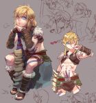  1boy barbarian_set_(zelda) belt belt_buckle blonde_hair blood blood_on_face boots brown_belt brown_footwear buckle club_(weapon) commentary_request expressionless fur-trimmed_footwear fur_trim heart holding holding_weapon link loincloth looking_to_the_side male_focus multiple_views natsuyon navel official_alternate_costume one_eye_closed pointy_ears pubic_tattoo rock sitting sketch stomach_tattoo tattoo the_legend_of_zelda the_legend_of_zelda:_breath_of_the_wild toeless_footwear v-shaped_eyebrows vambraces weapon 