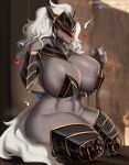  &lt;3 18_(artist) 2023 abs anthro armor aroused aroused_face aroused_smile big_breasts big_butt blush blush_lines bodily_fluids bra breasts butt canid canine canis claws clothing crossgender curvy_figure digital_media_(artwork) elden_ring female fromsoftware fur hair headgear helmet hi_res hourglass_figure maliketh_(elden_ring) mammal mtf_crossgender muscular muscular_thighs navel nipples pose sitting solo sweat tail thick_thighs unconvincing_armor underwear wide_hips wolf 
