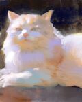  animal animal_focus cat commentary english_commentary faux_traditional_media fluffy green_eyes highres looking_at_viewer lying no_humans on_stomach orange_hair original painterly realistic slit_pupils solo upper_body whiskers yuming_li 
