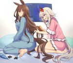  2girls ass barefoot blue_jacket blue_pants breasts brown_hair brushing_another&#039;s_hair brushing_hair character_request feet hair_brush highres jacket long_hair multiple_girls pants pink_jacket pink_shorts red_eyes shorts smile sparkle starheart umamusume very_long_hair white_hair 