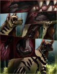  anthro bodily_fluids canid canine canis comic digital_media_(artwork) duo english_text feral forest forest_background fur hair hi_res hyena lemondeer male male/male mammal nature nature_background open_mouth oral_vore paws plant saliva size_difference smaller_male sound_effects striped_hyena teeth text tongue tongue_out tree vore whiskers wolf 