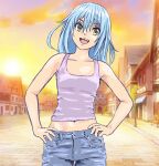  1girl :d bare_arms bare_shoulders blue_hair brick_road building cloud hair_between_eyes hands_on_own_hips highres lamppost light_blue_hair medium_hair mizumori_keiichi open_mouth outdoors pocket purple_tank_top rimuru_tempest sign sky smile solo tank_top teeth tensei_shitara_slime_datta_ken twilight upper_teeth_only window yellow_eyes 