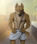  anthro bathroom canid canine canis digital_media_(artwork) domestic_dog hi_res male mammal pose shirtless solo towel 