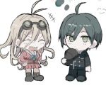  1boy 1girl :d aemono_(lemolemo_lmn) ahoge antenna_hair black_footwear black_hair black_jacket black_pants brown_eyes chibi closed_eyes danganronpa_(series) danganronpa_v3:_killing_harmony goggles goggles_on_head hair_between_eyes hat holding holding_clothes holding_hat iruma_miu jacket long_sleeves lowres pants pink_shirt pink_skirt saihara_shuichi sharp_teeth shirt skirt smile standing teeth upper_teeth_only white_background 