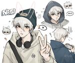  ! 1boy absurdres animal_ears artist_name beanie blue_lock blush chibi chibi_inset english_text grey_eyes hair_between_eyes hat headphones highres hood hood_down hood_up hoodie kyllooelo looking_at_viewer male_focus multiple_views nagi_seishirou parted_lips playing_games rabbit_ears speech_bubble v white_background white_hair 