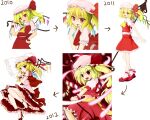  1girl 2010 2011 2012 artist_progress ascot back_bow blonde_hair blood blood_from_mouth blood_on_face blood_on_hands bow flandre_scarlet frilled_pillow frilled_shirt_collar frilled_skirt frilled_sleeves frills hand_on_own_hip hat hat_bow hat_ribbon head_on_pillow high_heels holding holding_polearm holding_weapon laevatein_(touhou) large_bow liteblck looking_at_viewer medium_hair mob_cap multicolored_wings one_side_up open_mouth pillow pink_headwear pink_shirt polearm puffy_short_sleeves puffy_sleeves red_ascot red_bow red_eyes red_footwear red_ribbon red_skirt red_vest ribbon shirt short_sleeves skirt skirt_set solo touhou vest weapon white_background white_bow white_shirt wings wrist_cuffs 
