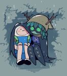  1boy 1girl adventure_time antlers backpack bag breasts cape closed_mouth colored_sclera colored_skin commentary eye_mask finn_the_human green_eyes green_hair green_sclera green_skin hair_branch hetero highres hood huntress_wizard leaf mask plant_hair rain rariatto_(ganguri) shorts simple_background slit_pupils symbol-only_commentary 