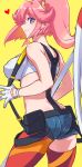  1girl aina_ardebit ass asymmetrical_legwear blue_eyes blue_shorts breasts closed_mouth crop_top from_behind gloves heart highres medium_breasts pink_hair promare short_hair short_shorts shorts simple_background solo suspenders takatsuki_ichi thighs two-tone_legwear white_gloves yellow_background 