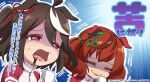  2girls ahoge alternate_costume animal_ears bitter black_hair breasts closed_eyes coffee commentary_request cup hair_ornament horse_ears horse_girl jacket kitasan_black_(umamusume) medium_breasts mug multiple_girls nice_nature_(umamusume) official_art open_mouth red_eyes red_hair saliva shaded_face simple_background track_jacket translation_request umamusume 