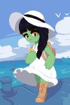  1girl backpack bag bird black_hair blush boat boots braid braided_ponytail closed_mouth cloud colored_skin dock dress frog_girl full_body green_skin hat holding juice_box long_hair looking_at_viewer minimilieu monster_girl ocean original pixel_art shoes smile solo standing sun_hat thick_eyebrows watercraft white_dress yellow_eyes 