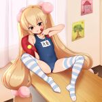  1girl :3 absurdres accessories ahoge backpack bag bikini blonde_hair brown_eyes candy child classroom commission curtains desk feet flat_chest food goki_buri hair_ornament highres kodomo_no_jikan kokonoe_rin lollipop long_hair navel on_desk pixiv_commission randoseru school_swimsuit sitting sitting_on_desk solo striped striped_thighhighs swimsuit thighhighs thighs toes tongue tongue_out twintails v 