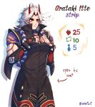  1boy absurdres alternate_pectoral_size arataki_itto bara body_markings bodypaint english_text feet_out_of_frame forked_eyebrows genshin_impact highres horns large_pectorals like_and_retweet long_hair male_focus meme oni oni_horns pectorals pout red_eyes red_horns solo standing tied_sleeves tight_clothes twitter_strip_game_(meme) varant_art white_background white_hair 