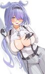  1girl absurdres aqua_eyes belt blue_hair blush breasts choco_tanuki cleavage cleavage_cutout clothing_cutout collared_shirt elira_pendora elira_pendora_(4th_costume) famelira_(elira_pendora) glasses gloves hair_over_one_eye hairband head_wings highres large_breasts long_hair lying nijisanji nijisanji_en on_side open_mouth pants round_eyewear shirt simple_background smile solo suspenders virtual_youtuber white_background white_shirt wings 