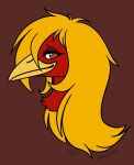  ambiguous_gender anthro avian beak bird chrysolophus eyelashes feathers galliform glori_gamebird golden_pheasant hair headshot_portrait hi_res long_hair phasianid portrait red_body red_feathers shenzaibird yellow_beak yellow_body yellow_feathers 