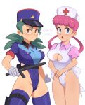  2girls adapted_costume aqua_hair artist_name barleyshake black_bow blue_eyes blue_thighhighs bow breasts brown_eyes cleavage_cutout clothing_cutout collared_leotard covered_navel gloves grey_gloves hat highres jenny_(pokemon) joy_(pokemon) leotard long_hair looking_at_viewer medium_breasts multiple_girls nurse_cap open_mouth pink_hair pokemon pokemon_(anime) pokemon_(classic_anime) police police_uniform policewoman short_sleeves simple_background thighhighs uniform white_background white_bow white_leotard 