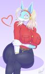  &lt;3 2023 absurd_res anthro artist_name belt big_breasts black_bottomwear black_clothing black_pants blonde_hair blush bottomwear bracelet breasts canid canine clothing crossed_legs digital_media_(artwork) female fish fox hair head_accessory hi_res hybrid ippan_josei jewelry mammal marine multicolored_body my_hero_academia open_mouth pants red_dress_shirt shark simple_background sitting snackbunnii solo teal_body two_tone_body white_body 