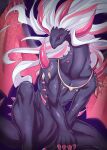  albion_the_shrouded_dragon black_body black_scales claws dragon duel_monster hair hi_res highlights_(coloring) horn lazulite_b male muscular red_highlights scales semi-anthro simple_background sitting solo spikes spikes_(anatomy) white_hair wings yu-gi-oh! 