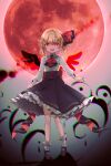  1girl adapted_costume black_footwear black_skirt blonde_hair blush frilled_skirt frills full_body hair_between_eyes hair_ribbon highres long_sleeves moon open_mouth red_eyes red_moon red_ribbon ribbon rumia shironeko_yuuki shirt shoes short_hair skirt socks solo touhou white_shirt white_socks 