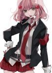  1girl belt black_belt black_jacket brown_eyes hand_on_own_chest highres hinamori_amu jacket looking_at_viewer necktie pink_hair plaid plaid_skirt red_armband red_necktie red_skirt school_uniform shiwothugu short_hair shugo_chara! skirt solo tongue tongue_out white_background 