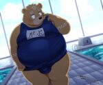  anthro bear belly blush brown_body brown_fur bulge clothing crave_saga embarrassed forehead_tattoo fur gabu_(crave_saga) green_eyes hi_res hisashiyo_0705 japanese_text male mammal overweight pool school_swimsuit solo swimwear text 