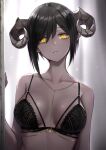  1girl black_bra black_hair bra breasts cleavage colored_skin curled_horns grey_skin hair_between_eyes highres horns kai_(ootamuno12) lace lace-trimmed_bra lace_trim lingerie looking_at_viewer medium_breasts original parted_lips pointy_ears short_hair solo underwear underwear_only upper_body yellow_eyes 
