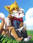  anthro blonde_hair blue_clothing blue_shirt blue_sky blue_t-shirt blue_topwear bottomwear canid cheek_tuft clothed clothing duo embrace facial_markings facial_tuft fur glistening glistening_eyes hair head_markings hi_res hug hugging_from_behind inner_ear_fluff kuttoyaki male mammal markings mouth_closed orange_body orange_eyes orange_fur outside red_eyes red_markings red_scarf scarf shirt shorts sitting sky species_request t-shirt tan_bottomwear tan_clothing tan_shorts topwear tuft white_clothing white_hair white_shirt white_t-shirt white_topwear yellow_body yellow_fur yellow_inner_ear_fluff 
