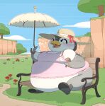  2023 animal_crossing anthro aurora_(animal_crossing) avian beak belly belly_overhang bench big_belly bird blush bodily_fluids clothed clothing cloud detailed_background eyes_closed female flower flying_sweatdrops hand_fan hat headgear headwear heat_(temperature) hi_res holding_object nintendo obese obese_anthro obese_female outside overweight overweight_anthro overweight_female penguin plant sitting sky solo sun_hat sweat sweatdrop tree umbrella white_body yellowhellion 