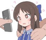  1girl 2girls ? blue_bow blue_dress blush bow brown_eyes brown_hair bubukka buttons cellphone collar dress empty_eyes hair_bow hands_on_another&#039;s_shoulders holding holding_phone hypnosis idolmaster idolmaster_cinderella_girls long_hair looking_at_another mind_control multiple_girls parted_lips phone sidelocks smartphone sweat tachibana_arisu upper_body white_background white_collar 