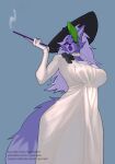  anthro biped blue_background breasts clothed clothing female five_nights_at_freddy&#039;s five_nights_at_freddy&#039;s:_security_breach fur green_hair hair hat headgear headwear hi_res lipstick looking_at_viewer makeup pulred purple_body purple_fur roxanne_wolf_(fnaf) scottgames simple_background solo steel_wool_studios text url 