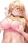  1girl 1other blonde_hair blush bow bow_bra bra breasts cleavage clothes_lift commentary_request grabbing grabbing_another&#039;s_breast groping heart highres isshiki_iroha large_breasts long_hair parted_lips pink_bra red_hayao shirt shirt_lift simple_background solo_focus underwear white_background yahari_ore_no_seishun_lovecome_wa_machigatteiru. yellow_eyes yellow_shirt 